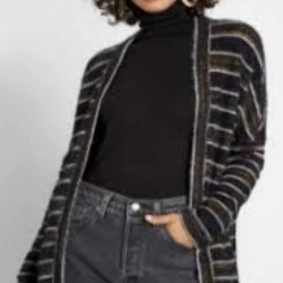 Modcloth Women's Size Small Striped Black Sweater Cardigan Open Pockets - Picture 1 of 8